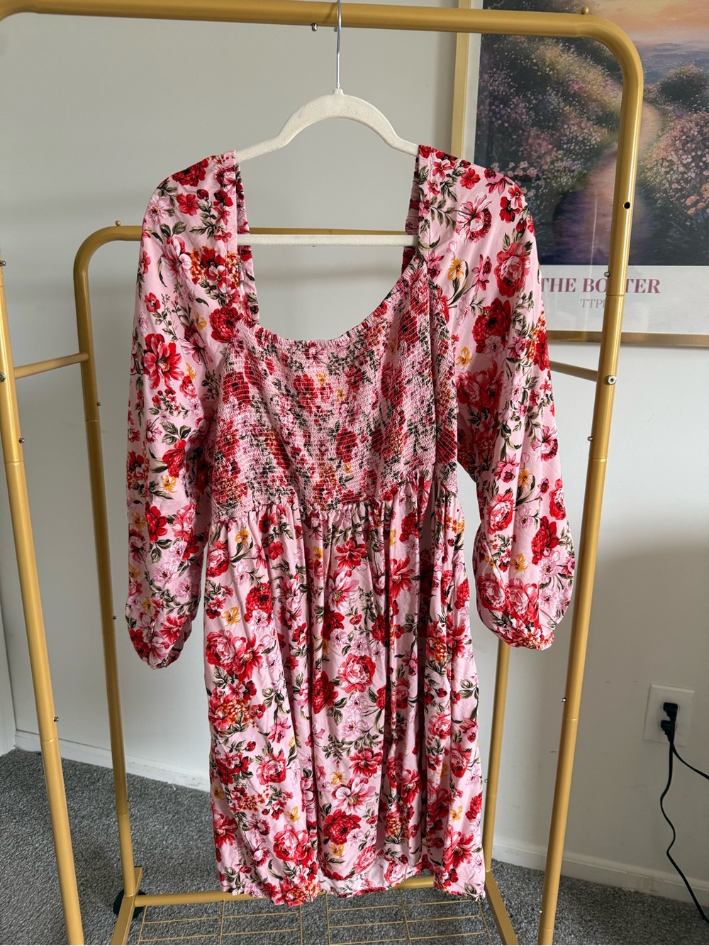 Old Navy Pink Floral Smocked Mini Dress with Red Blooms